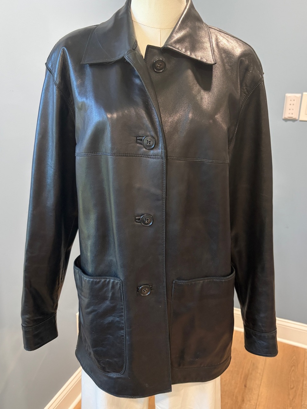 Ellen Tracy Black Genuine Leather Chore Jacket Button Front Coat Small USA